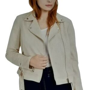 Bar III Faux-Suede Zip-Front Moto Jacket Zippered Cuffs on Sleeve Notch Collar L
